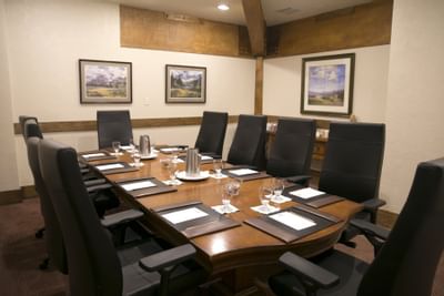 Conference table setup for a meeting at Stein Eriksen Lodge