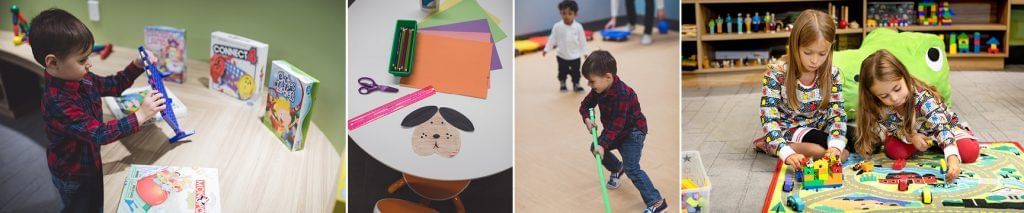 Collage of children playing in the Play Centre at Hotel X, a downtown Toronto hotel