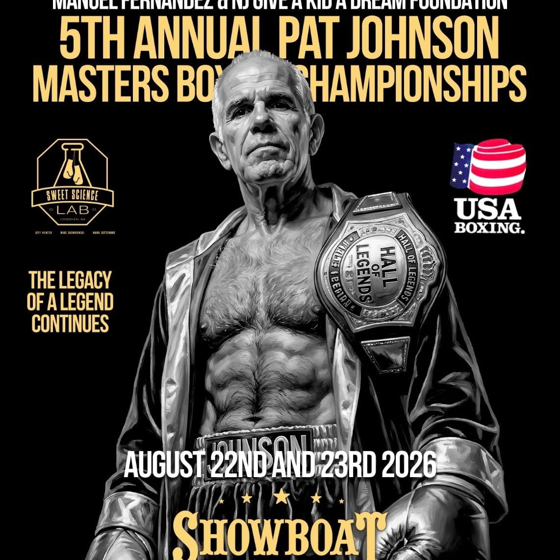 Promotional poster for the 5th Annual Pat Johnson Masters Boxing Championships featuring a boxer holding a championship belt.