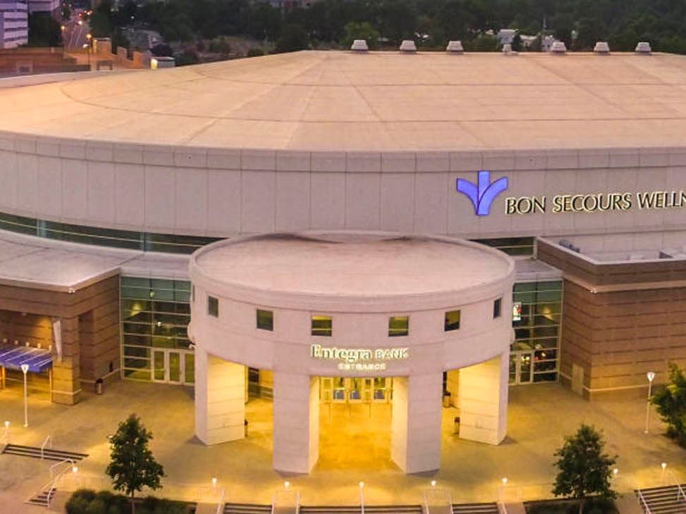 Aerial view of Bon Secours Wellness Arena near Hotel Hartness
