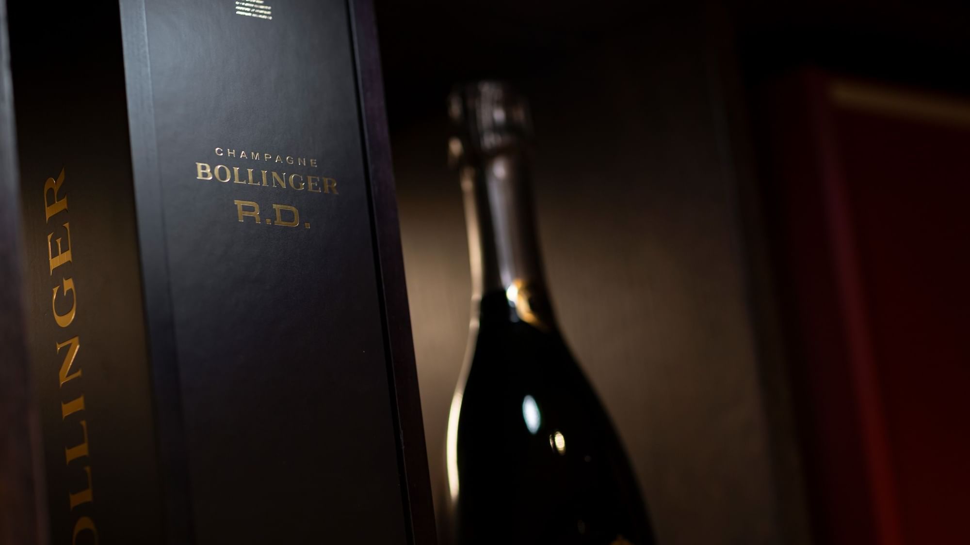 Close-up of Bollinger R.D. champagne box and bottle displayed with luxury detail at Dunluce Lodge