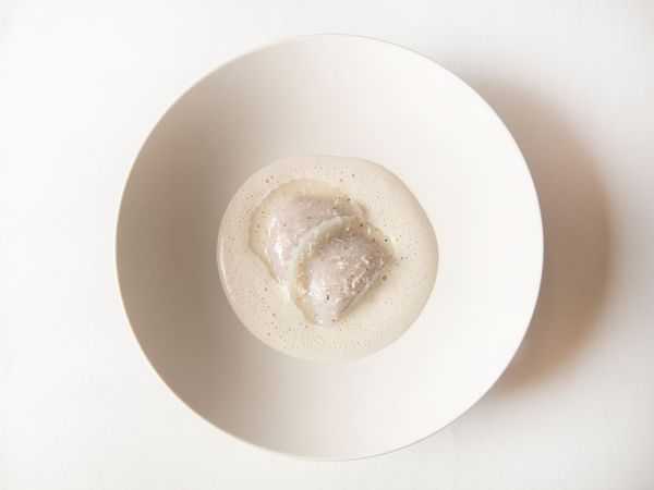 White bowl with creamy sauce and a single piece of seafood on a white surface.