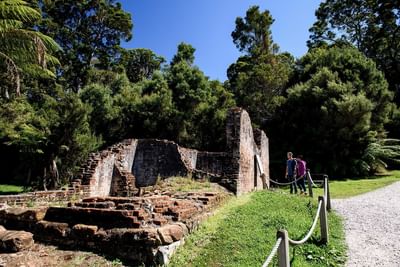 A couple observing the ruins near Gordon River Cruise