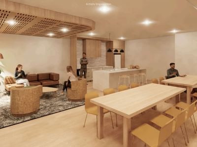 Artistic rendering of UniLodge Brisbane City's lounge with seating and dining area.