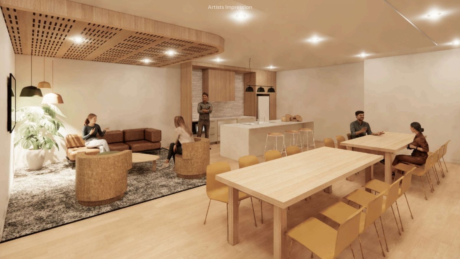 Artistic rendering of UniLodge Brisbane City's lounge with seating and dining area.