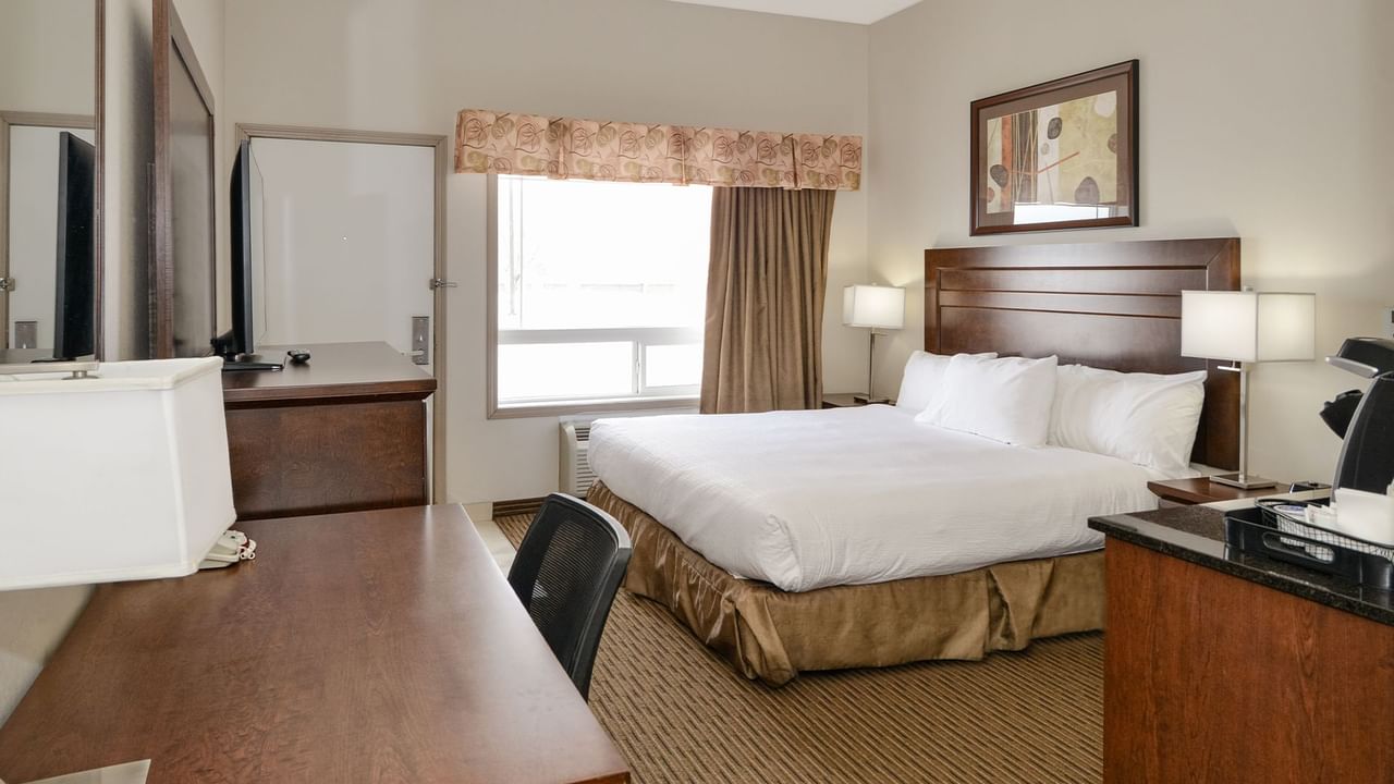 Accessible hotel room with king bed and a large window