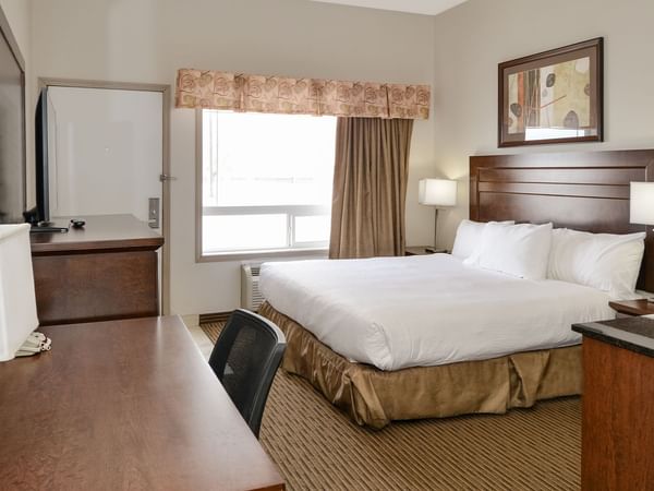 Accessible hotel room with king bed and large window