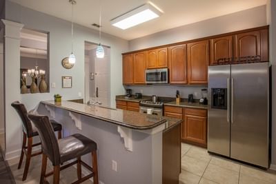 Kitchen and barstools at high countertop
