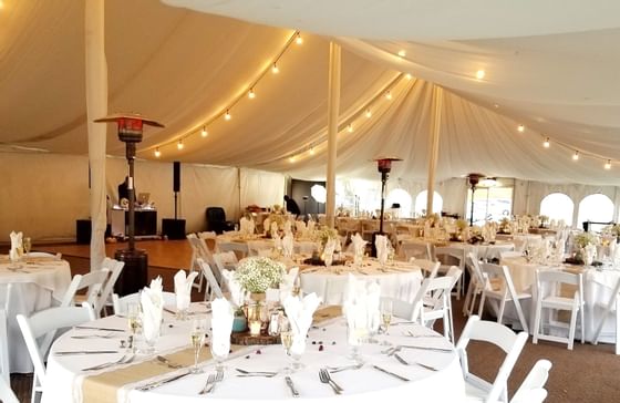 Banquet set-up for an event in Lakeside Tent at Honor’s Haven
