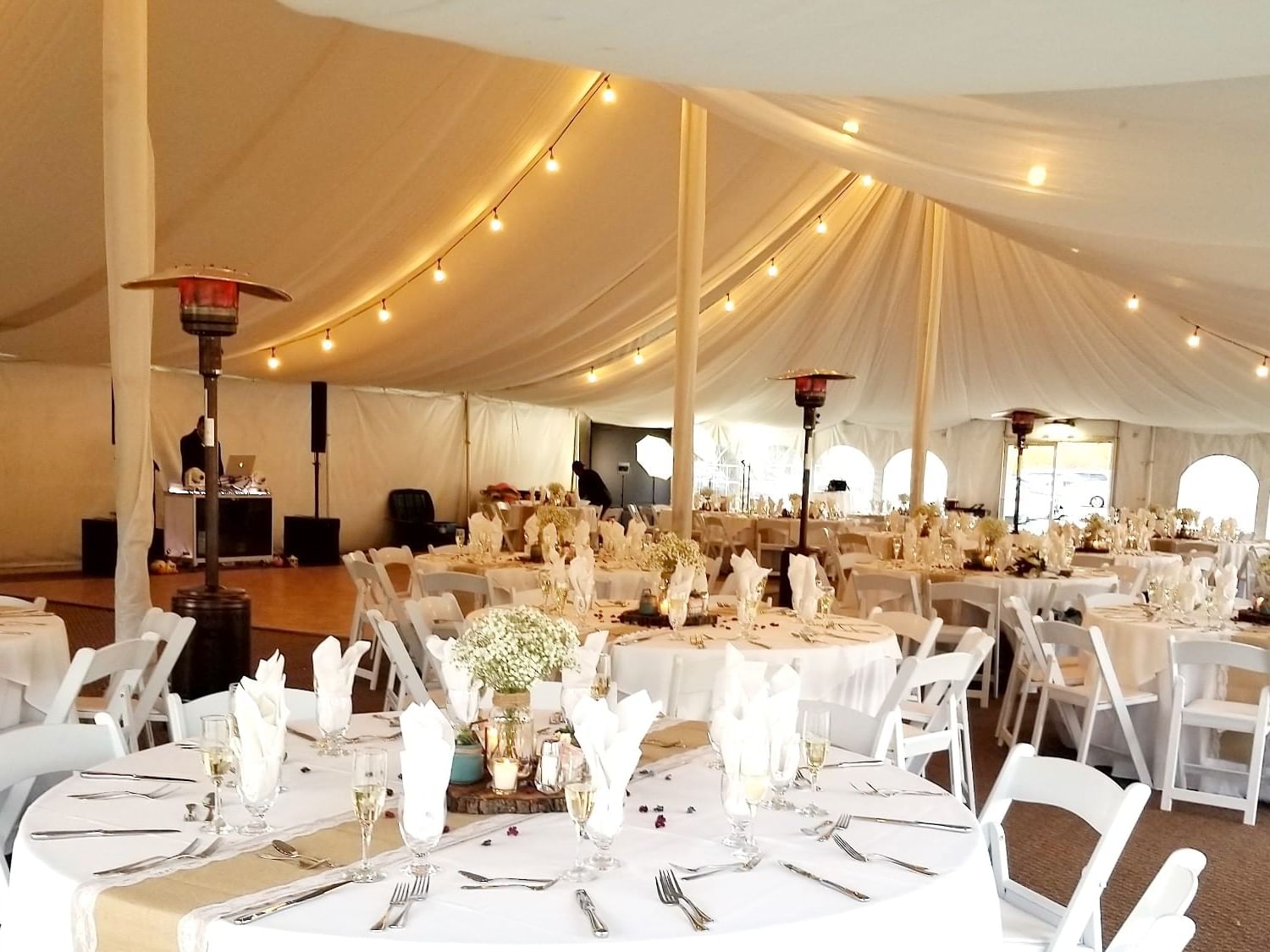 Banquet setup for an event in Lakeside Tent at Honor’s Haven