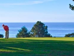 Man in the action of playing golf at Heritage House Resort