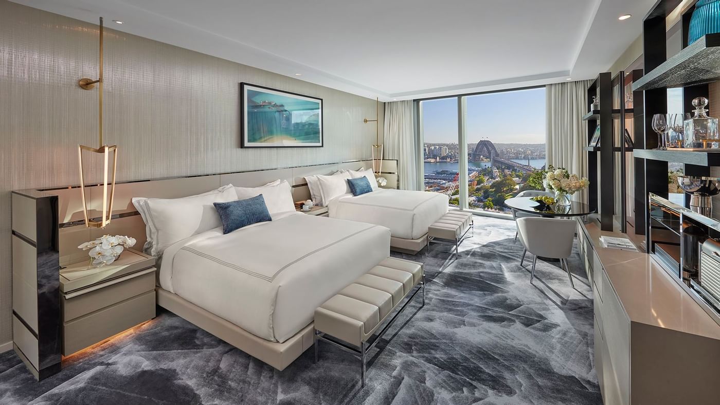 Bed & furniture in Harbor Bridge Twin Room at Crown Hotels