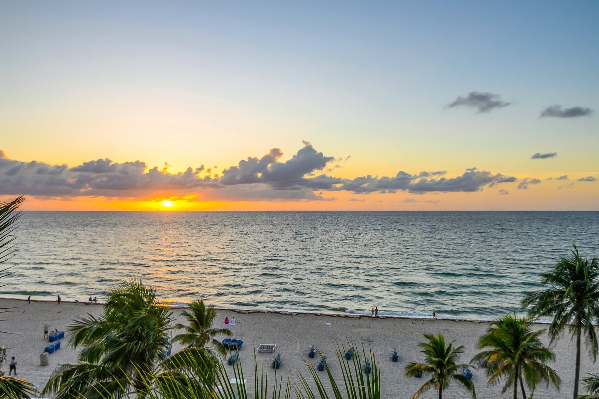 A beach scene at sunset with palm trees and a calm ocean.