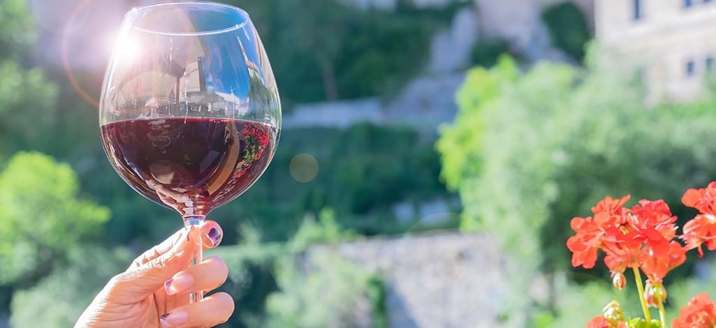 a woman holding a red wine glass in a outdoor setting