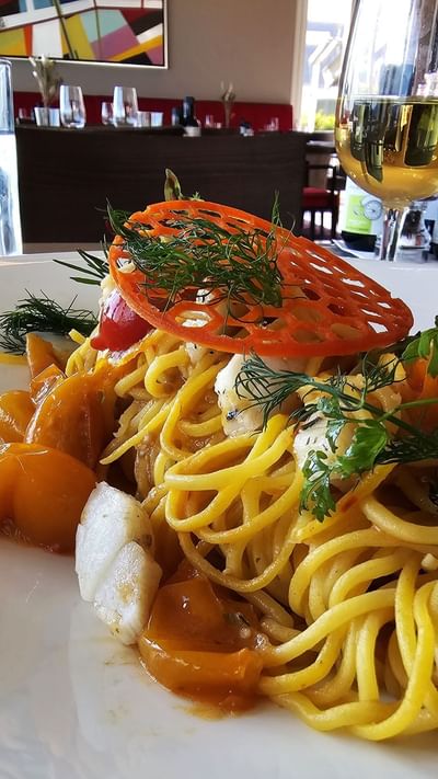 Close-up of a prawn spaghetti served in a restaurant at Starling Hotel Lausanne
