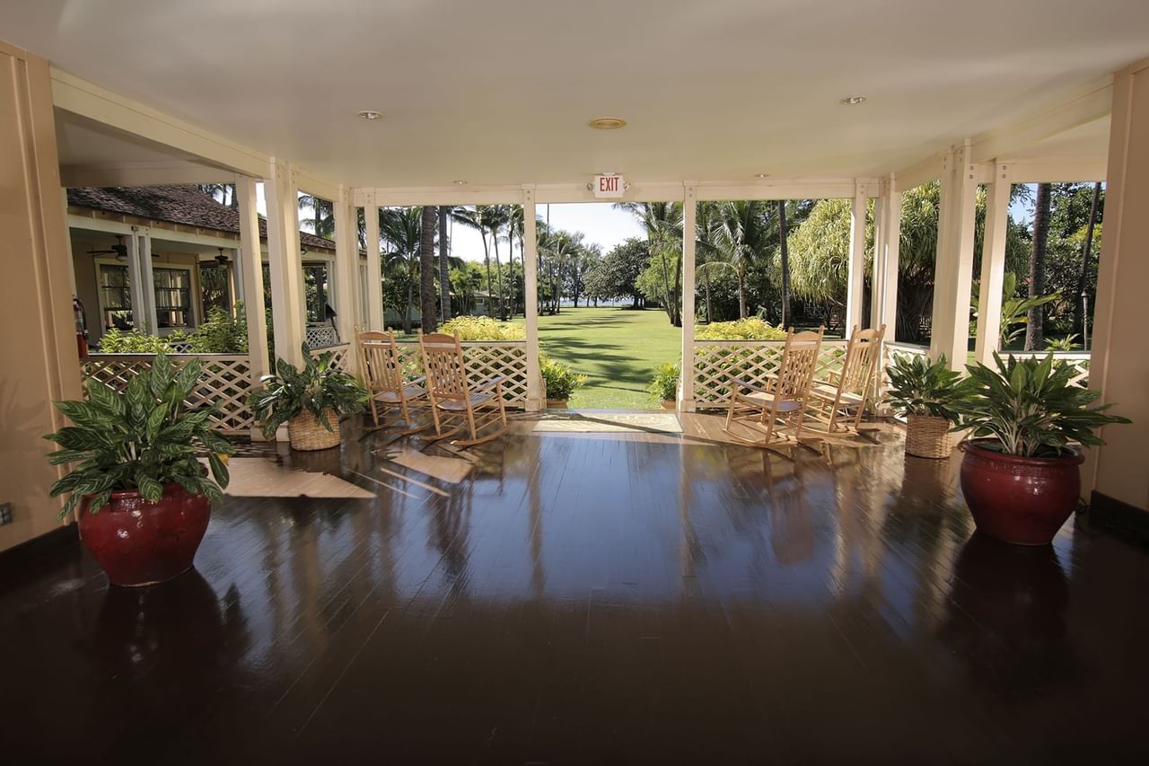 Waimea Plantation Cottages covered patio overlooking the grounds