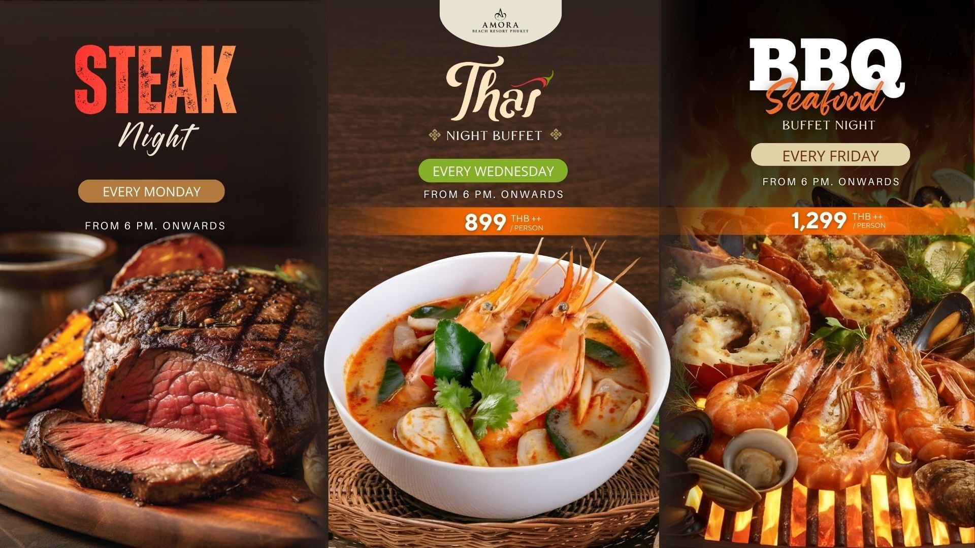 Advertisement for themed dinner buffets at the Amora Beach Resort Phuket