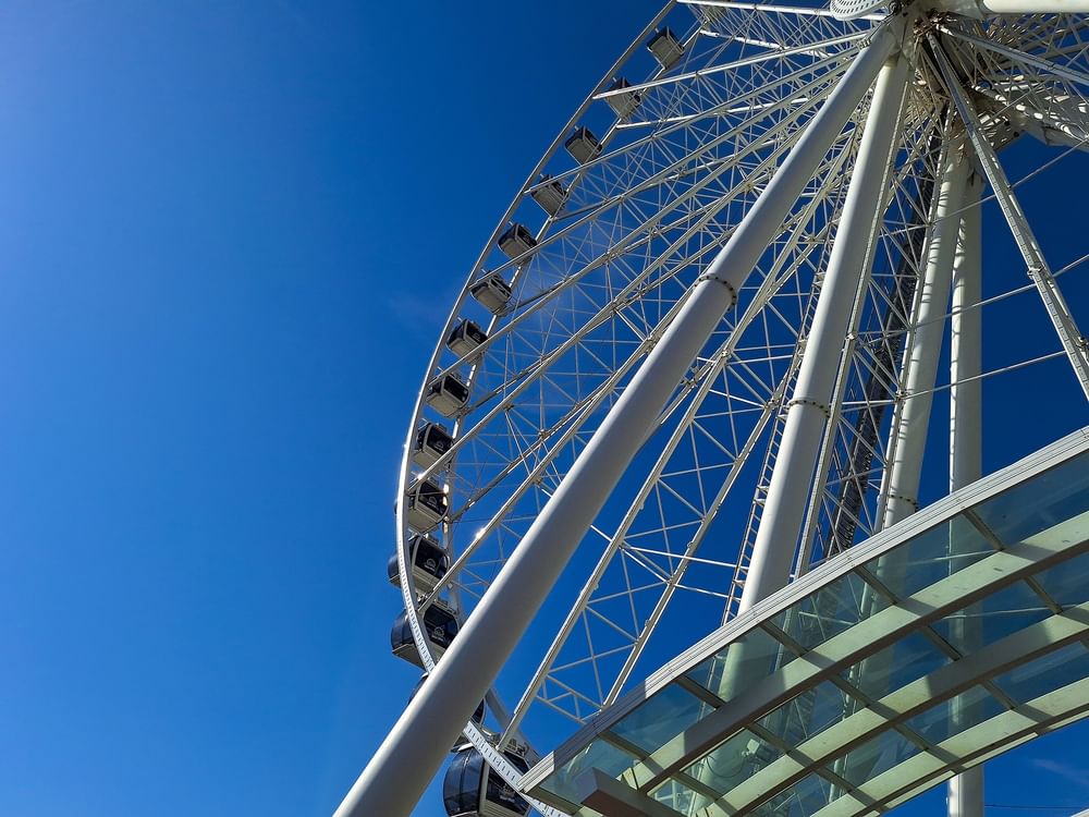 Large white Ferris wheel with glass gondolas by a metal walkway under a blue sky near Warwick Seattle