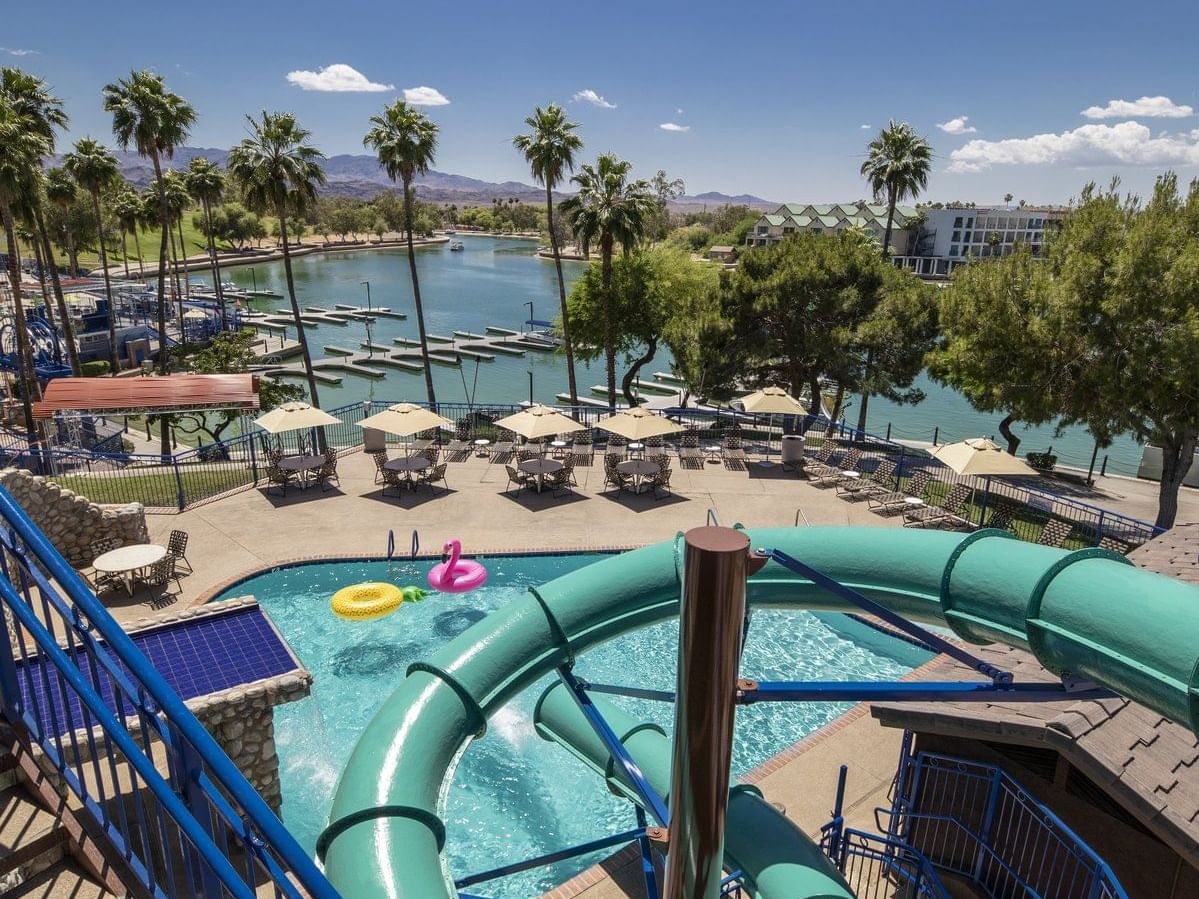 Balcony view of the pool & waterslide at London Bridge Resort