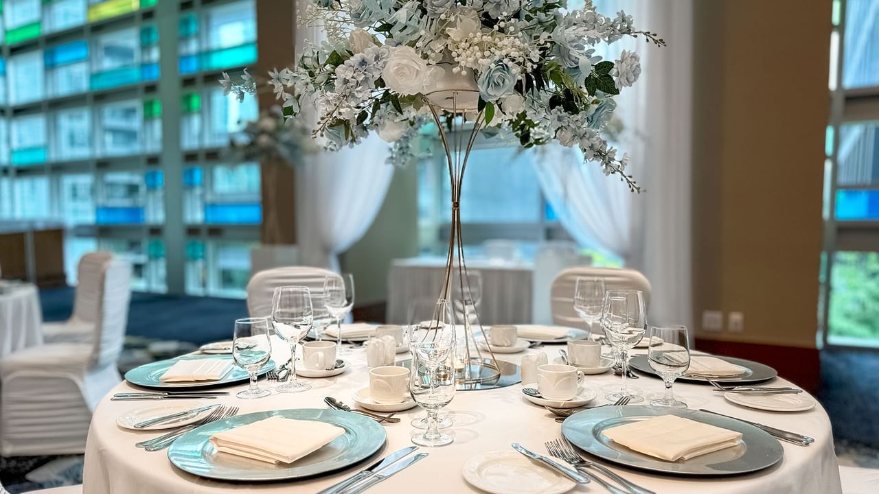 Weeding space with chairs, tables and decorations