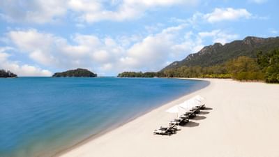 Aerial view of the beach with sunbeds at The Danna Langkawi