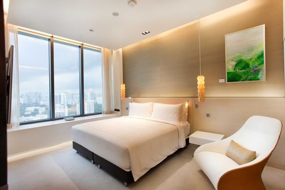 Interior of The Peony Villa bedroom at One Farrer Hotel