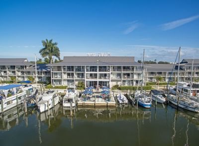 View of harbor and hotel exterior.