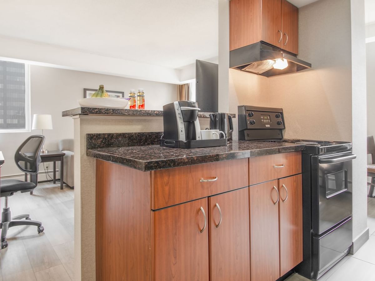 Hotel suite with kitchen area