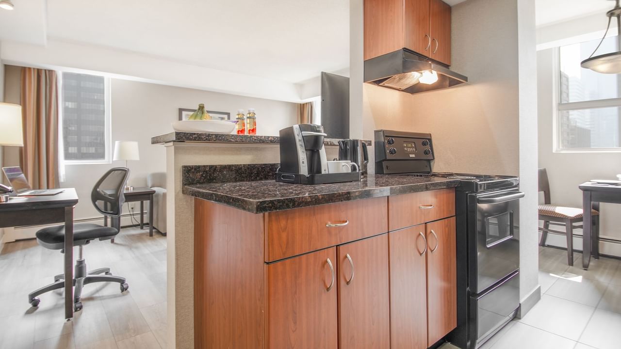 Hotel suite with kitchen area