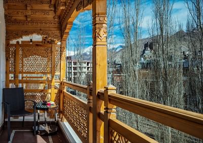 Lounge area in Premiere Room balcony at The Indus Valley Leh, Accommodation
