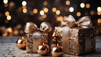 Two wrapped gifts, three lit candles, and confetti on a wooden surface with a bokeh background of twinkling lights.