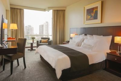 TV, work desk, and seating area by the bed in Superior Plus Room with a city view at Hotel Los Delfines & Casino