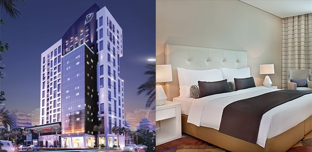Split image with exterior view of DAMAC Maison Cour Jardin and bedroom interior