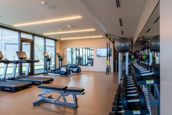 The fully-equipped fitness center at Austin Condo Hotel