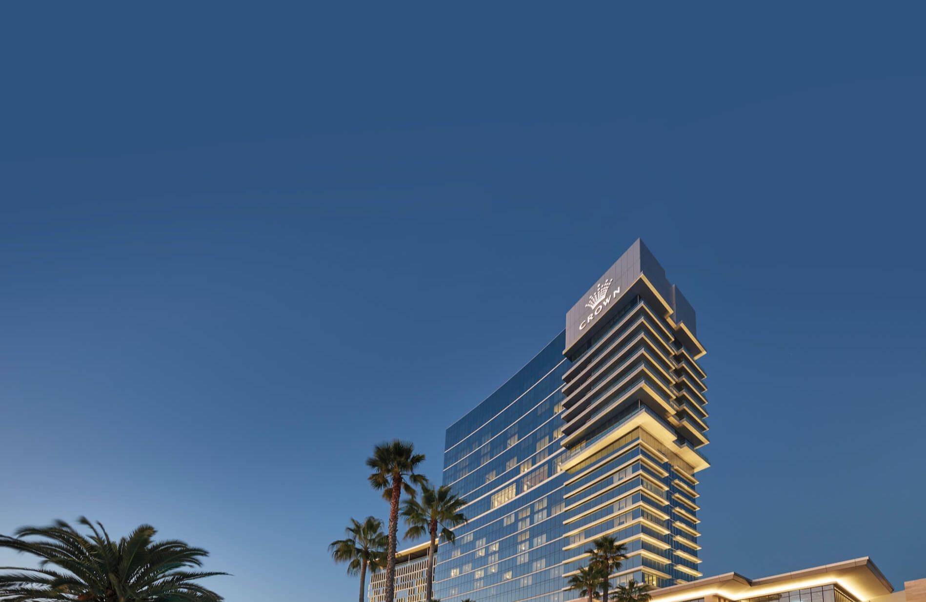 Low angle shot of the front façade of Crown Towers Perth