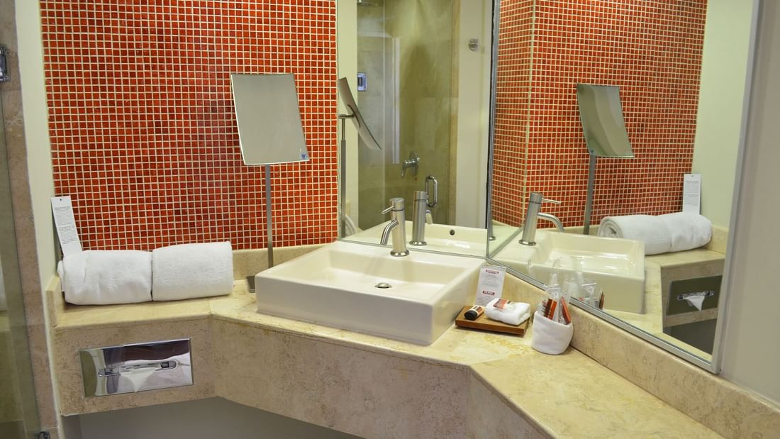 Closeup on vanity & standing shower in Suite at Fiesta Inn
