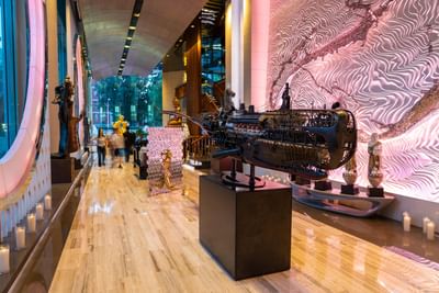 Closeup of replica of ship in the lobby of Hotel Éclat Beijing