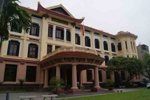 Low-angle exterior view of Fine Arts Museum entrance near Sunway Hotel Hanoi