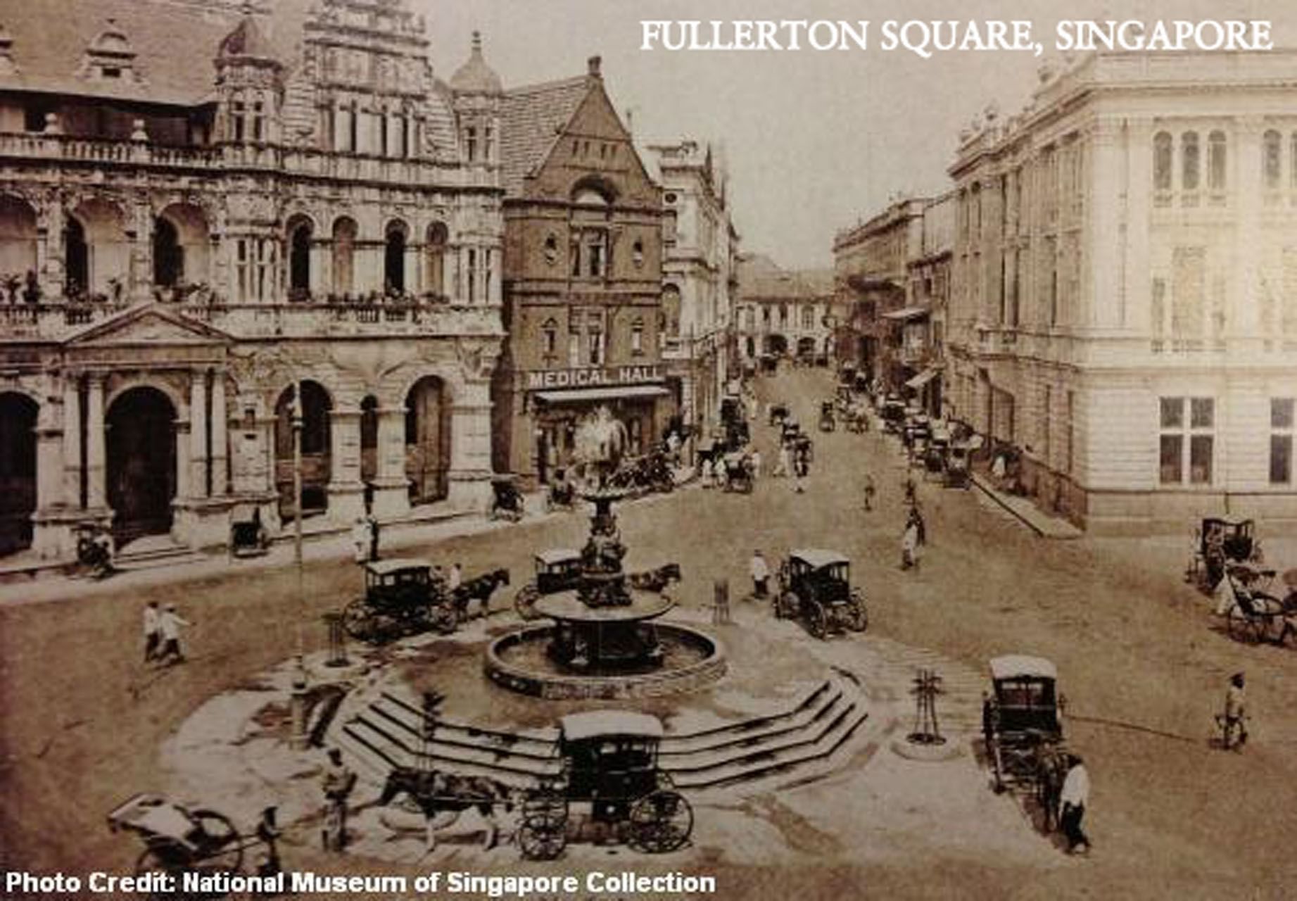 Historic photo of Fullerton Square in Singapore with buildings, fountain, and rickshaws near Fullerton Heritage Singapore