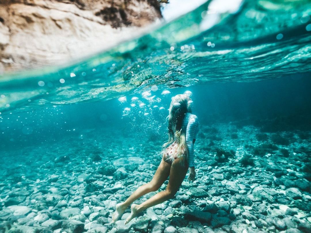 A woman diving underwater near Catalina Island Company, one of the things to do in catalina island