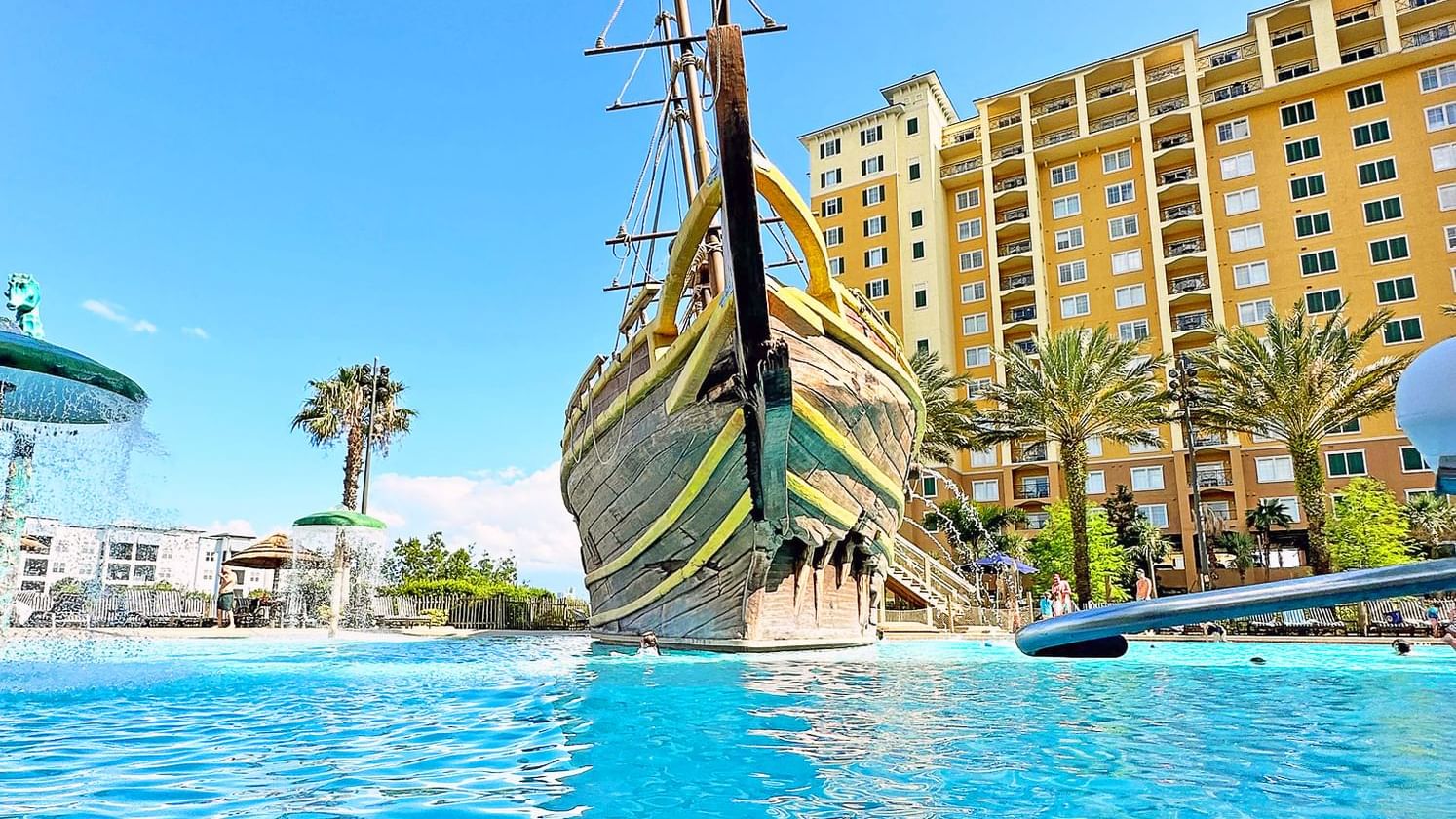 Pirate ship centerpiece by the pool area at Lake Buena Vista Resort Village & Spa