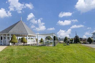 Sunny outdoor area with a gazebo and trimmed shrubs against a clear blue sky at Ogunquit Hotel and Suites