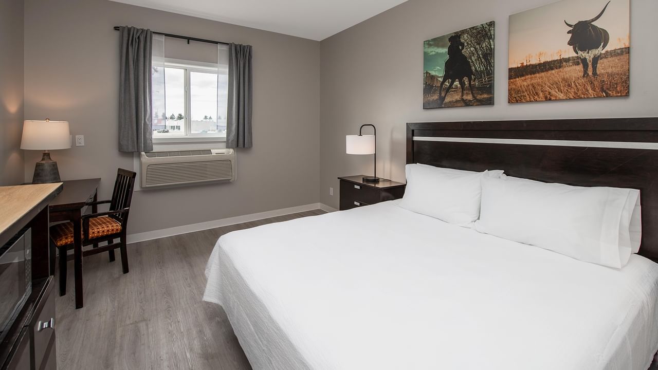 A room with a large bed, desk, chair, and artwork at Coast Innisfail Hotel.