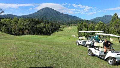 Golf carts at the golf course of Chatrium Golf Resort