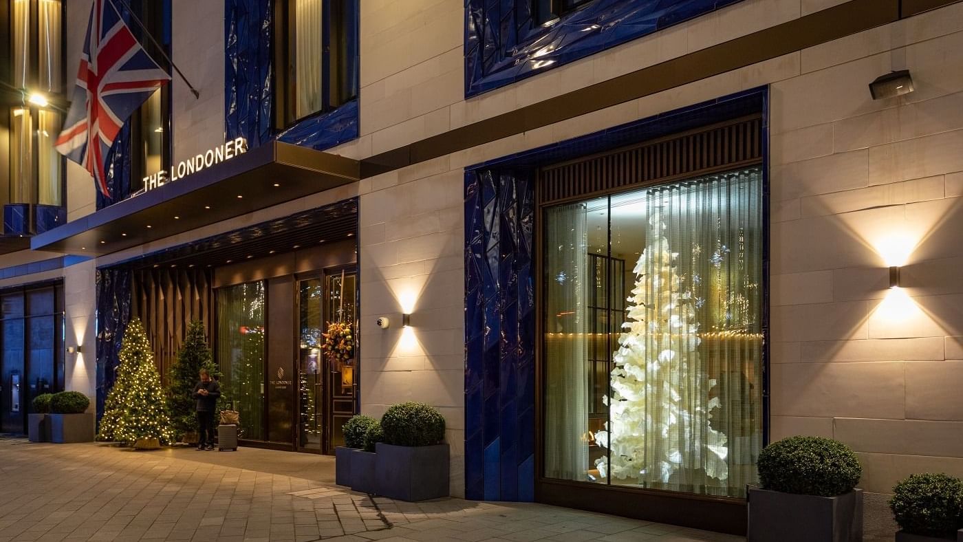 Exterior view of the Londoner Hotel with Christmas decorations