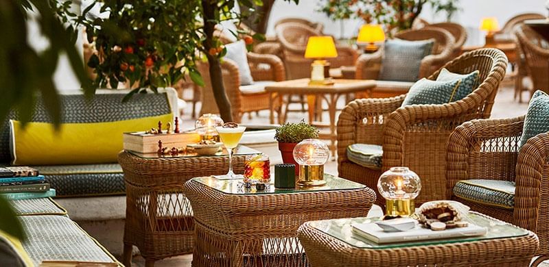 Closeup of outdoor dining area in Summer Bar at Marbella Club