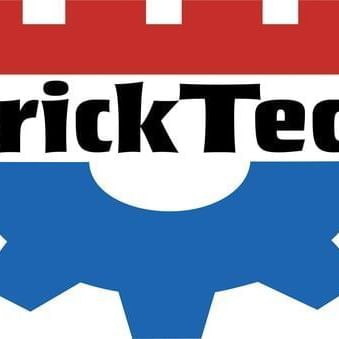 Logo of Brick Tech with red lego piece above name and blue cog below