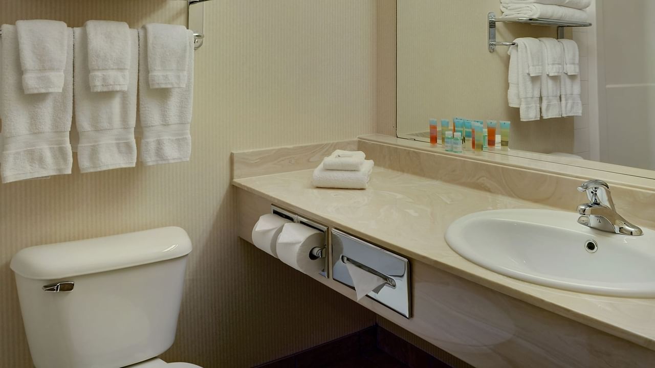 Bathroom with sink, toilet, towels, and shampoo