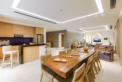 Royal Villa Kitchen area with living area in background in Seali