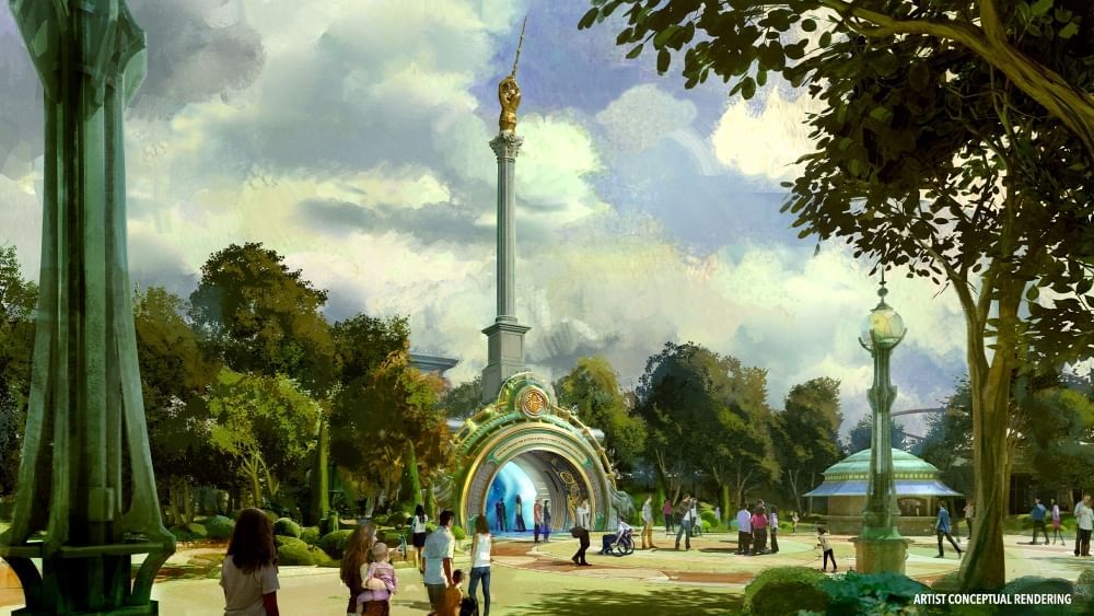 A conceptual rendering of an arched entryway surrounded by trees with a golden hand holding a wand atop a tall spire